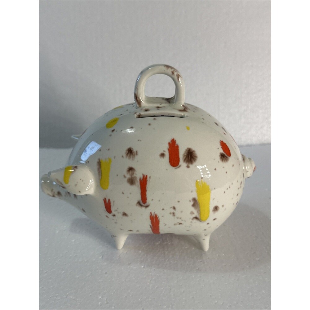 Vintage Ceramic Piggy Bank Coin Splatter Drip Glaze Red, Yellow Cream 1970s - Picture 4 of 9